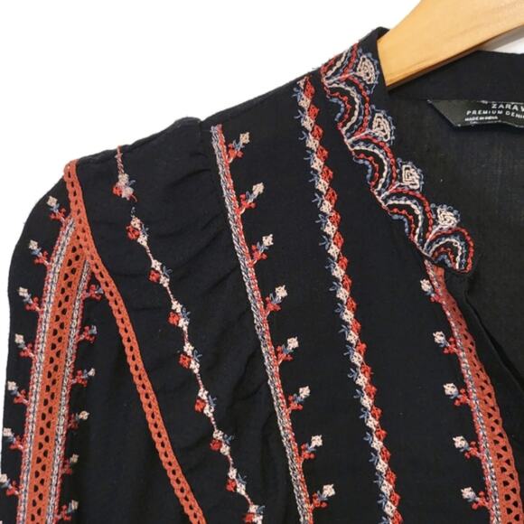 ZARA WOMAN Embroidered Ruffle Long Sleeve Black Button Down Shirt Size XS - Picture 5 of 16